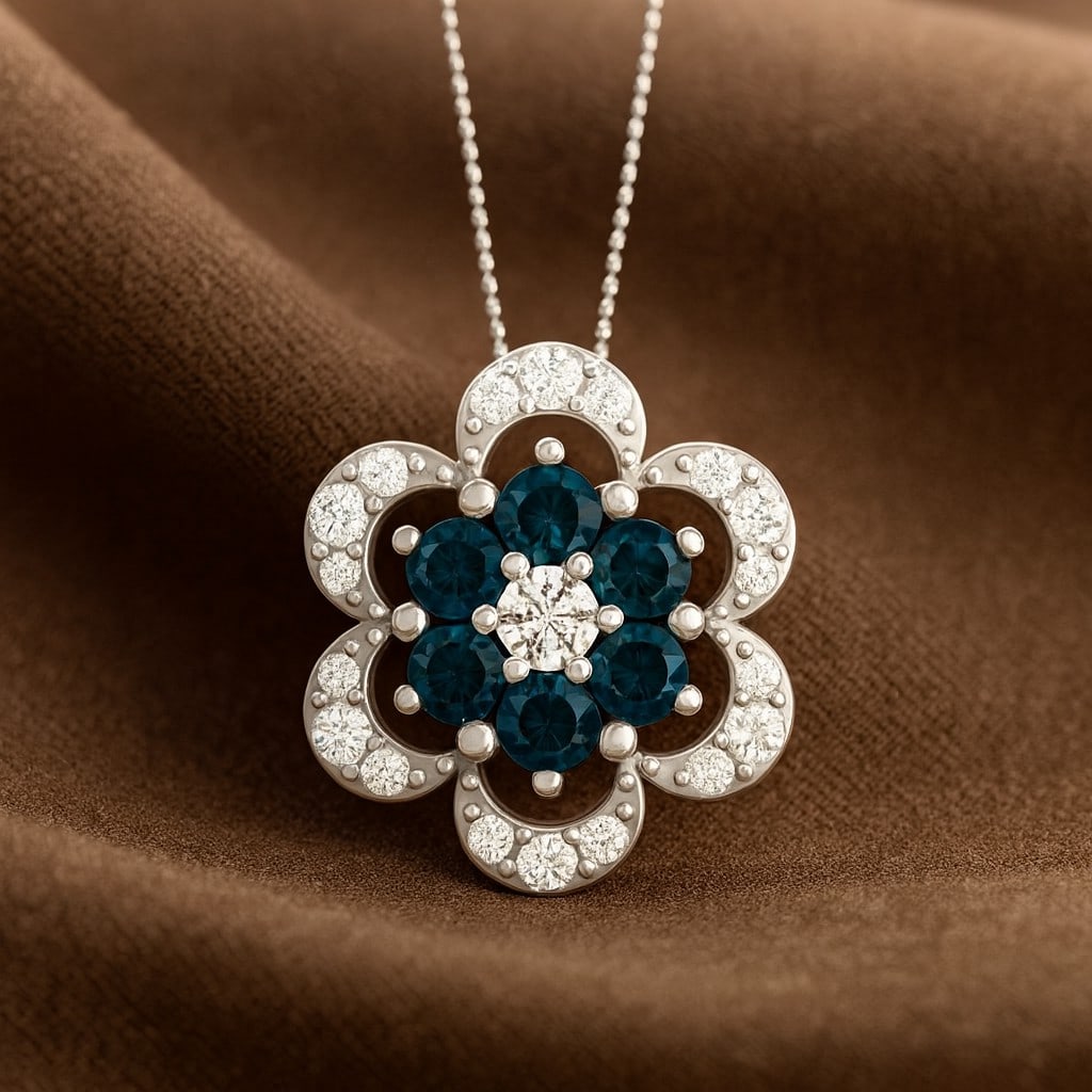 Natural London Blue Topaz & Diamond 92.5 Sterling Silver Pendant with Chain: Natural London Blue Topaz & Diamond 92.5 Sterling Silver Pendant with Chain Gemstone Shape : Round Gemstone Size : 2.5 MM Gemstone Quantity : 6 Pieces Diamond Type : Lab Grown Diamond Shape : Round