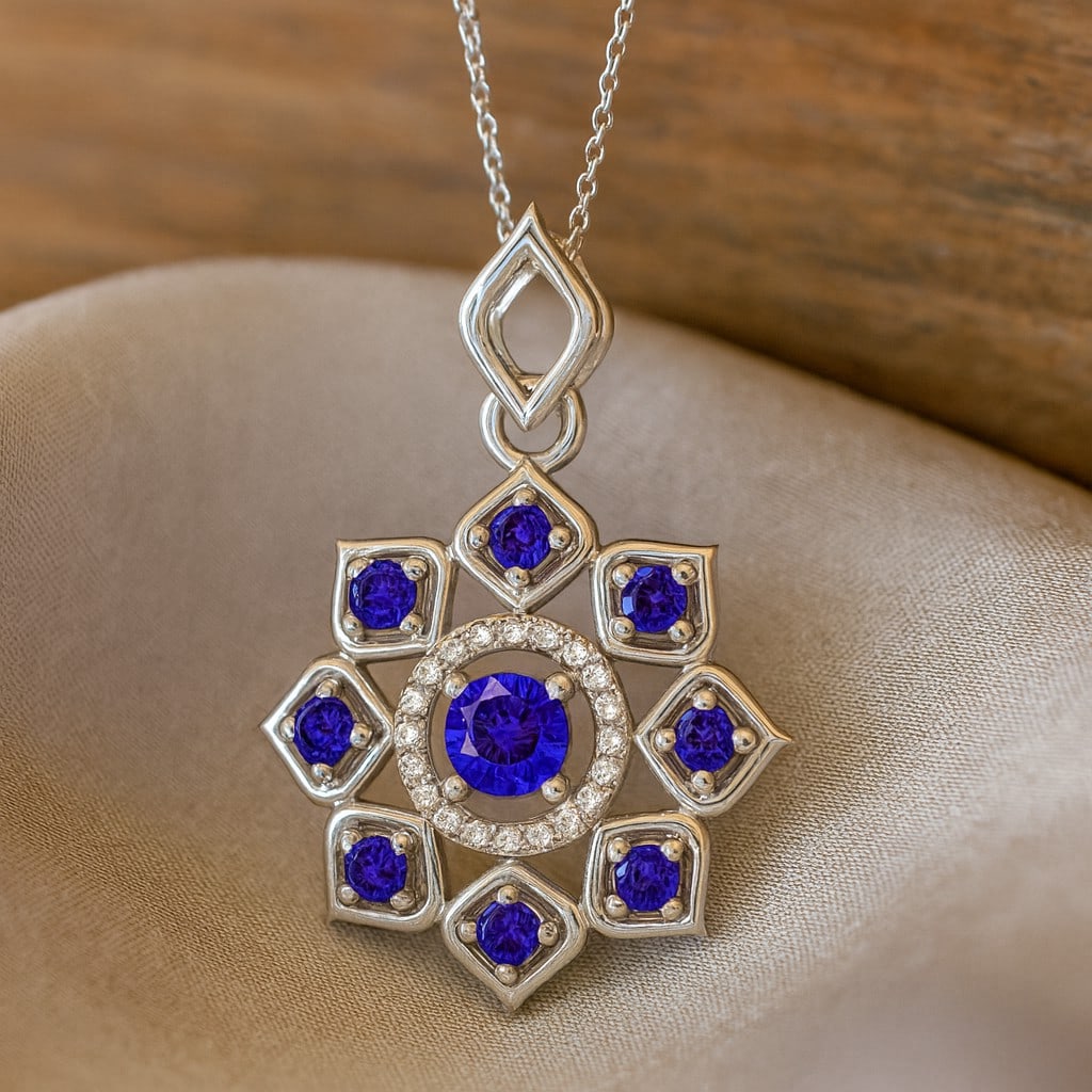 Natural Tanzanite & Diamond 92.5 Sterling Silver Pendant with Chain: Natural Tanzanite & Diamond 92.5 Sterling Silver Pendant with Chain Gemstone Shape : Round Gemstone Size : 4 MM, 2 MM Gemstone Quantity : 9 Pieces Diamond Type : Lab Grown Diamond Shape : Round