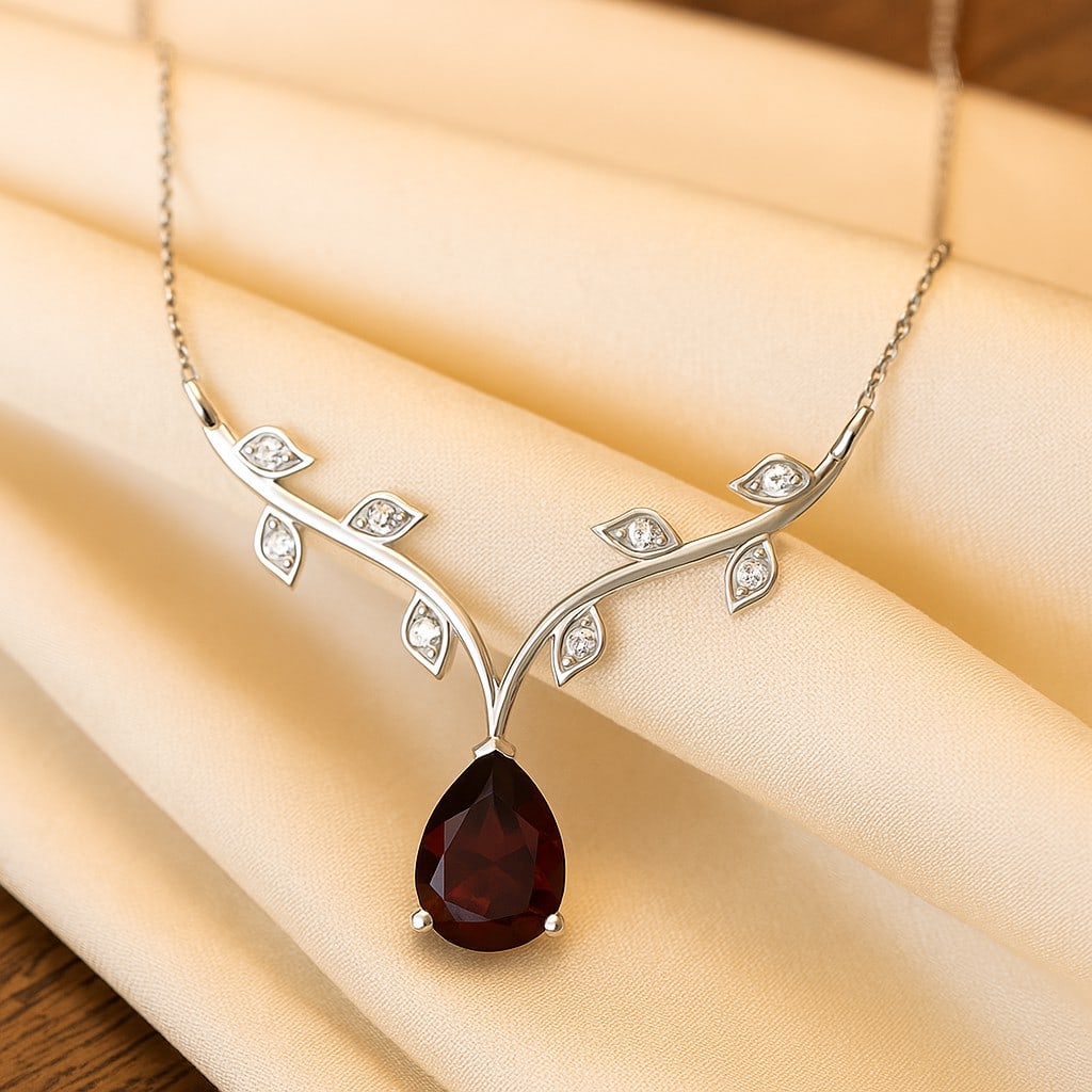 Natural Garnet & Diamond 92.5 Sterling Silver Necklace: Natural Garnet & Diamond 92.5 Sterling Silver Necklace Gemstone Shape : Pear Gemstone Size : 8x6 MM Gemstone Quantity : 1 Piece Diamond Type : Lab Grown Diamond Shape : Round Diamond Color :