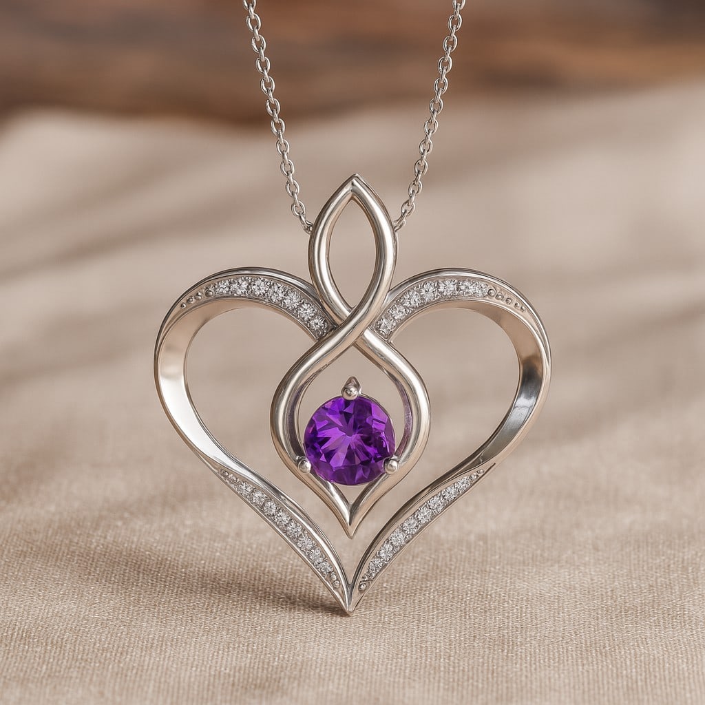 Natural Amethyst & Diamond 92.5 Sterling Silver Pendant with Chain (1 of 7)