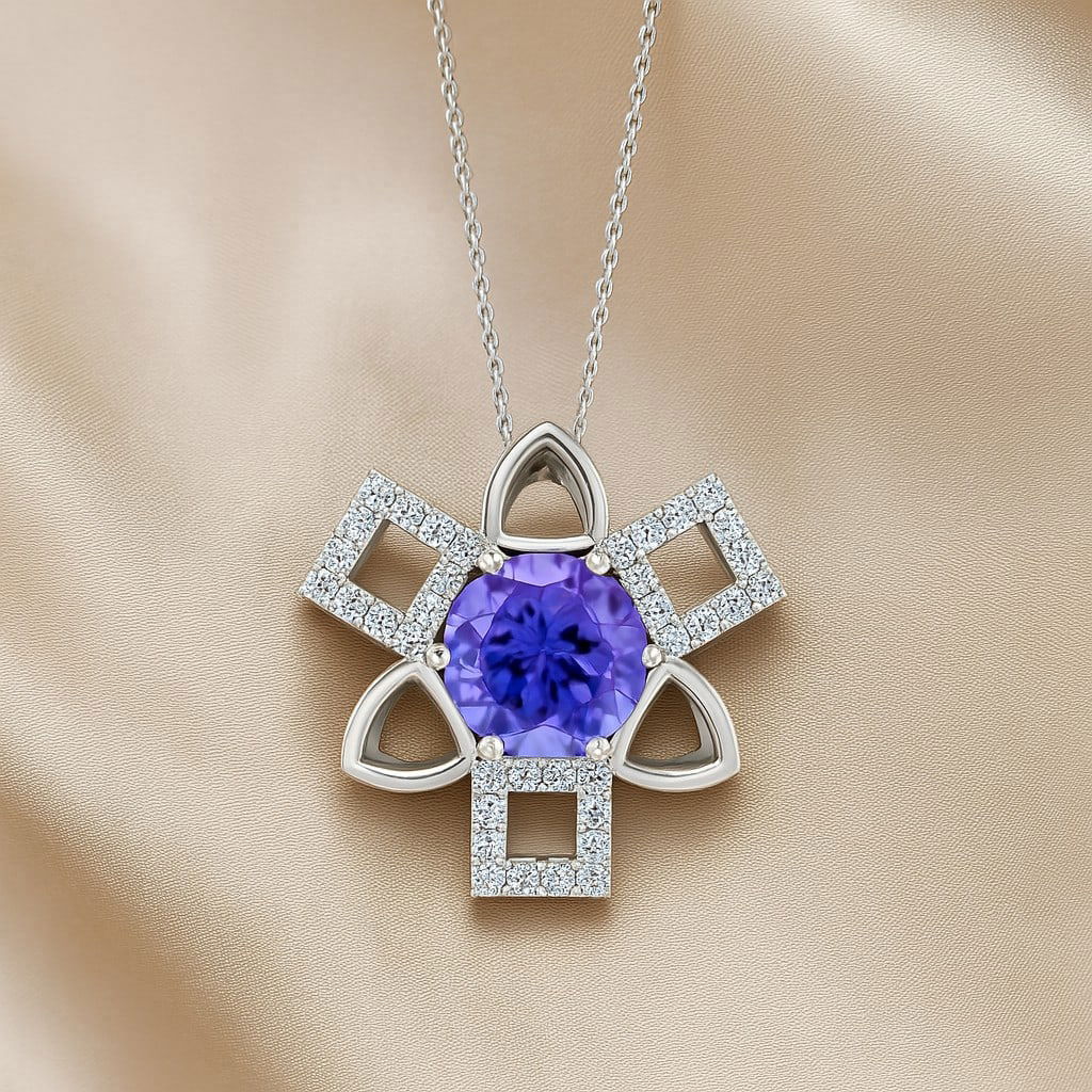 Natural Tanzanite & Diamond 92.5 Sterling Silver Pendant with Chain: Natural Tanzanite & Diamond 92.5 Sterling Silver Pendant with Chain Gemstone Shape : Round Gemstone Size : 6 MM Gemstone Quantity : 1 Piece Diamond Type : Lab Grown Diamond Shape : Round Diamon