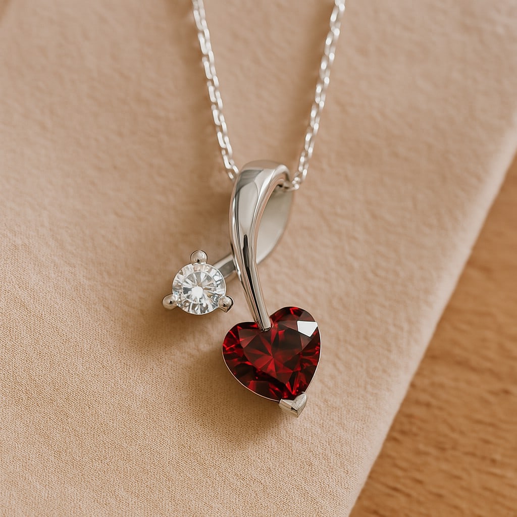 Natural Ruby & Diamond 92.5 Sterling Silver Pendant with Chain: Natural Ruby & Diamond 92.5 Sterling Silver Pendant with Chain Gemstone Shape : Heart Gemstone Size : 4 MM Gemstone Quantity : 1 Piece Diamond Type : Lab Grown Diamond Shape : Round Diamond Col