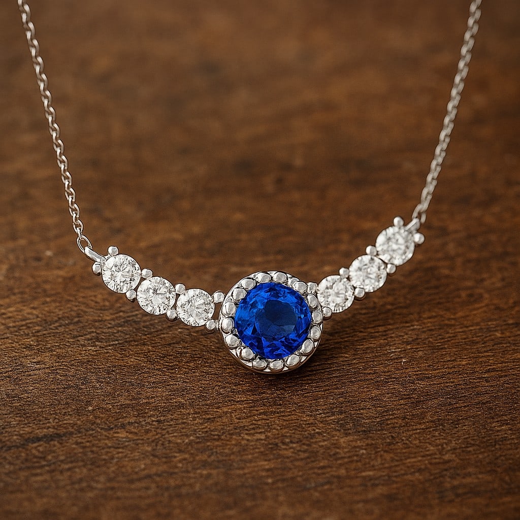 Natural Blue Sapphire & Diamond 92.5 Sterling Silver Necklace: Natural Blue Sapphire & Diamond 92.5 Sterling Silver Necklace Gemstone Shape : Round Gemstone Size : 3.5 MM Gemstone Quantity : 1 Piece Diamond Type : Lab Grown Diamond Shape : Round Diamond Co
