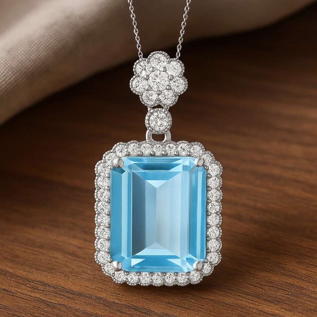 Natural Aquamarine & Diamond 92.5 Sterling Silver Pendant with Chain: Natural Aquamarine & Diamond 92.5 Sterling Silver Pendant with Chain Gemstone Shape : Emerald Gemstone Size : 12x10 MM Gemstone Quantity : 1 Piece Diamond Type : Lab Grown Diamond Shape : Round
