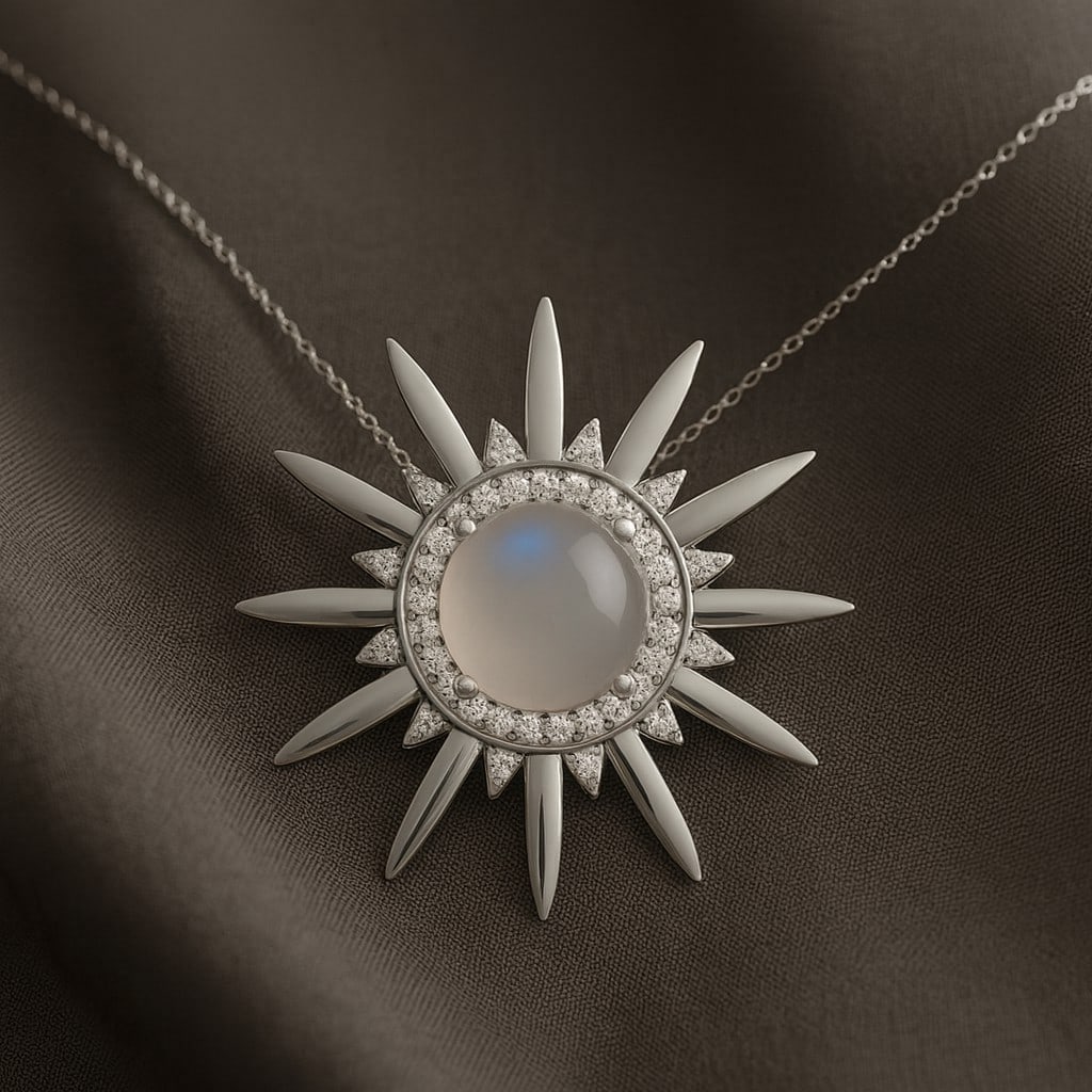 Natural Moonstone & Diamond 92.5 Sterling Silver Pendant with Chain: Natural Moonstone & Diamond 92.5 Sterling Silver Pendant with Chain Gemstone Shape : Round Gemstone Size : 8 MM Gemstone Quantity : 1 Piece Diamond Type : Lab Grown Diamond Shape : Round Diamon