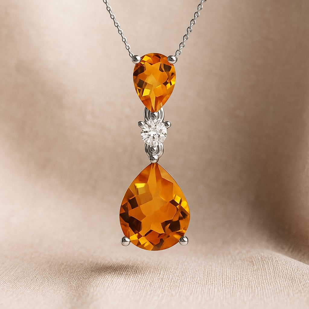 Natural Citrine & Diamond 92.5 Sterling Silver Pendant with Chain: Natural Citrine & Diamond 92.5 Sterling Silver Pendant with Chain Gemstone Shape : Pear Gemstone Size : 10x8 MM, 7x5 MM Gemstone Quantity : 2 Pieces Diamond Type : Lab Grown Diamond Shape : Round<