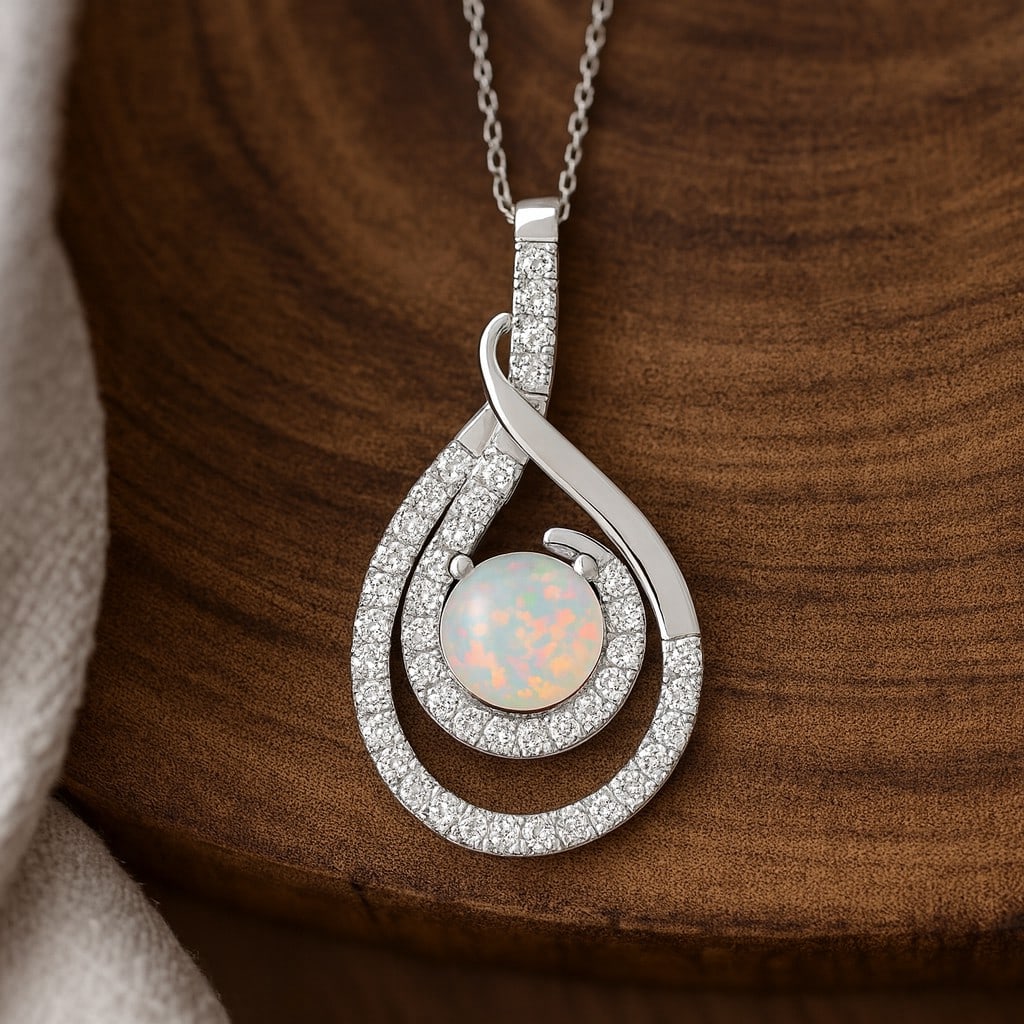 Natural Opal & Diamond 92.5 Sterling Silver Pendant with Chain: Natural Opal & Diamond 92.5 Sterling Silver Pendant with Chain Gemstone Shape : Round Gemstone Size : 5 MM Gemstone Quantity : 1 Piece Diamond Type : Lab Grown Diamond Shape : Round Diamond Col