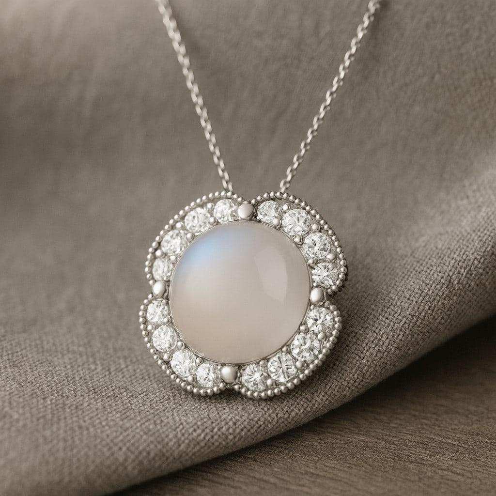 Natural Moonstone & Diamond 92.5 Sterling Silver Necklace: Natural Moonstone & Diamond 92.5 Sterling Silver Necklace Gemstone Shape : Round Gemstone Size : 8 MM Gemstone Quantity : 1 Piece Diamond Type : Lab Grown Diamond Shape : Round Diamond Color :