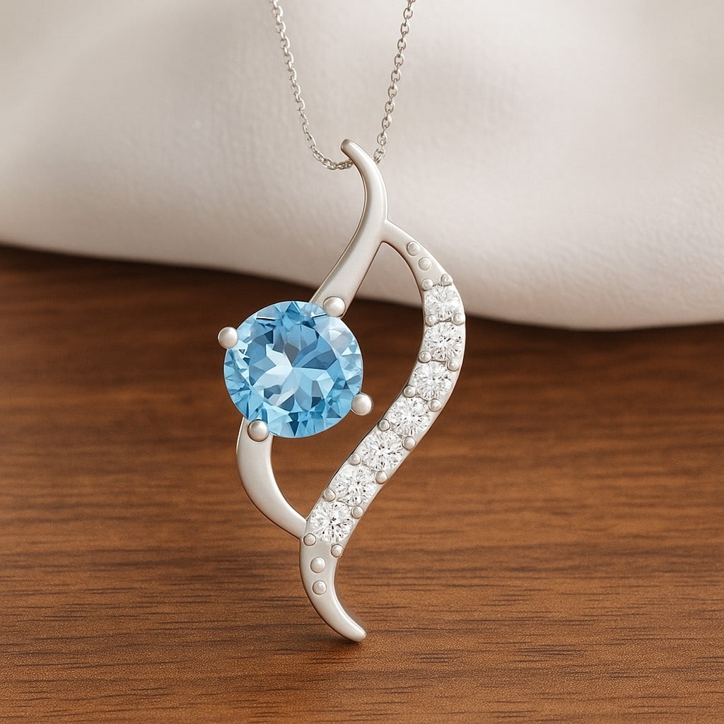 Natural Aquamarine & Diamond 92.5 Sterling Silver Pendant with Chain: Natural Aquamarine & Diamond 92.5 Sterling Silver Pendant with Chain Gemstone Shape : Round Gemstone Size : 6 MM Gemstone Quantity : 1 Piece Diamond Type : Lab Grown Diamond Shape : Round Diamo