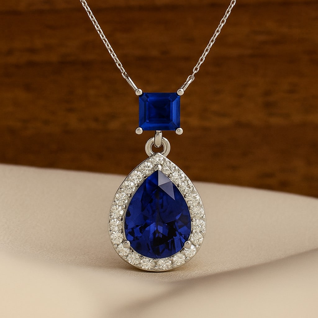 Natural Blue Sapphire & Diamond 92.5 Sterling Silver Pendant with Chain: Natural Blue Sapphire & Diamond 92.5 Sterling Silver Pendant with Chain Gemstone Shape : Pear, Princess Gemstone Size : 9x7MM, 1 MM Gemstone Quantity : 2 Pieces Diamond Type : Lab Grown Diamond Shape