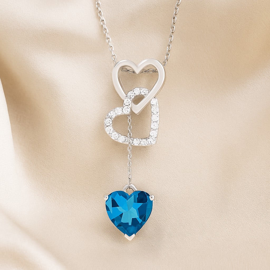 Natural Swiss Blue Topaz & Diamond 92.5 Sterling Silver Pendant with Chain: Natural Swiss Blue Topaz & Diamond 92.5 Sterling Silver Pendant with Chain Gemstone Shape : Heart Gemstone Size : 8 MM Gemstone Quantity : 1 Piece Diamond Type : Lab Grown Diamond Shape : Round