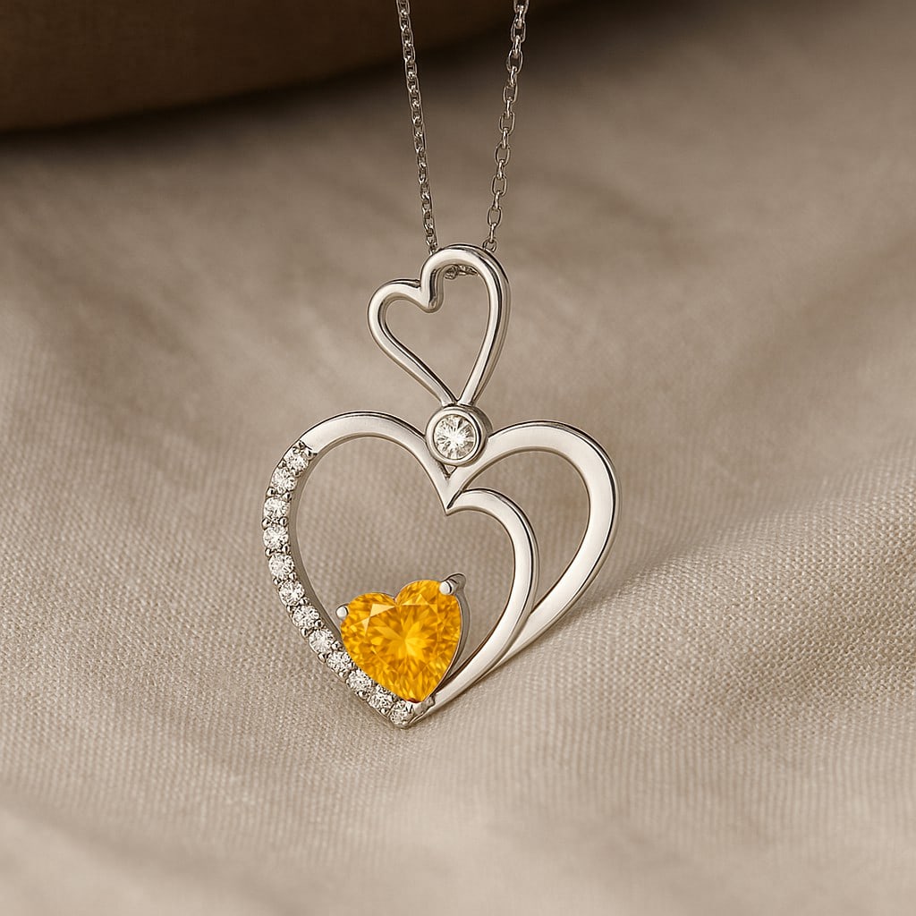Natural Citrine & Diamond 92.5 Sterling Silver Pendant with Chain: Natural Citrine & Diamond 92.5 Sterling Silver Pendant with Chain Gemstone Shape : Heart Gemstone Size : 6 MM Gemstone Quantity : 1 Piece Diamond Type : Lab Grown Diamond Shape : Round Diamond