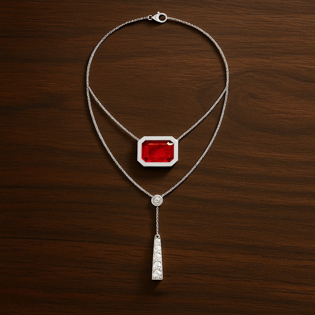 Natural Ruby & Diamond 92.5 Sterling Silver Necklace: Natural Ruby & Diamond 92.5 Sterling Silver Necklace Gemstone Shape : Emerald Gemstone Size : 6 MM Gemstone Quantity : 1 Piece Diamond Type : Lab Grown Diamond Shape : Round Diamond Color :