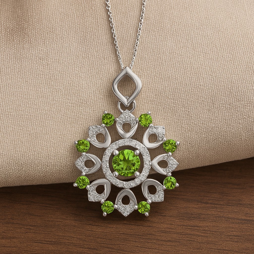 Natural Peridot & Diamond 92.5 Sterling Silver Pendant with Chain (1 of 7)