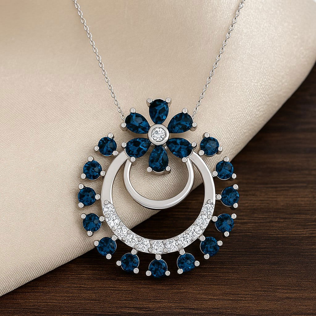 Natural London Blue Topaz & Diamond 92.5 Sterling Silver Pendant with Chain: Natural London Blue Topaz & Diamond 92.5 Sterling Silver Pendant with Chain Gemstone Shape : Round Gemstone Size : 3x2 MM, 2 MM Gemstone Quantity : 6 Pieces, 13 Pieces Diamond Type : Lab Grown Diamond