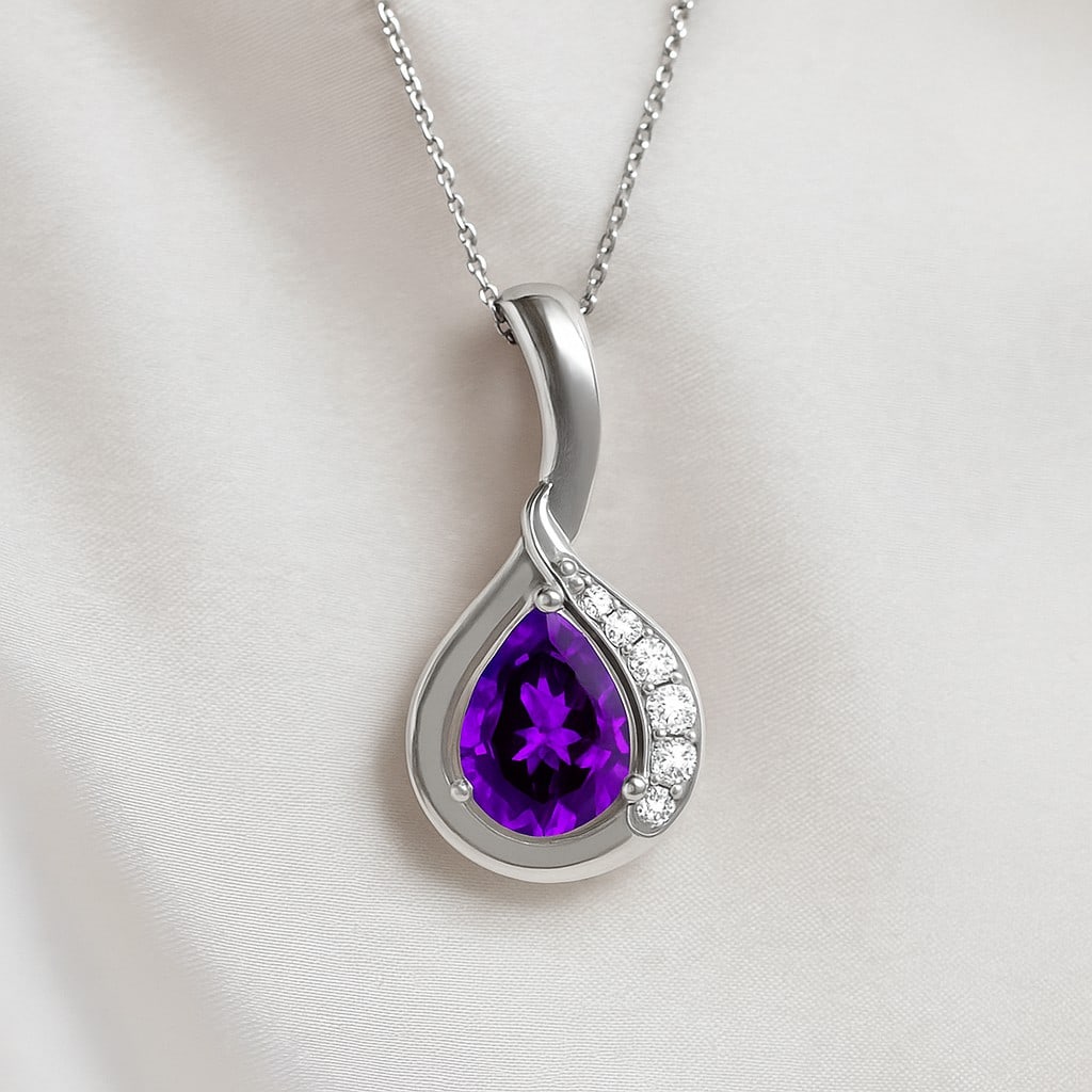 Natural Amethyst & Diamond 92.5 Sterling Silver Pendant with Chain (1 of 7)