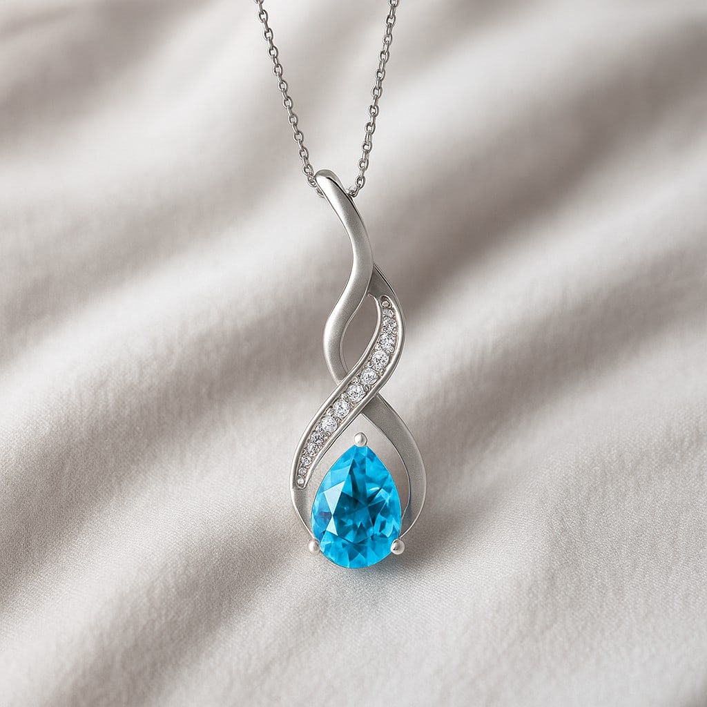 Natural Swiss Blue Topaz & Diamond 92.5 Sterling Silver Pendant with Chain: Natural Swiss Blue Topaz & Diamond 92.5 Sterling Silver Pendant with Chain Gemstone Shape : Pear Gemstone Size : 6x4 MM Gemstone Quantity : 1 Piece Diamond Type : Lab Grown Diamond Shape : Round