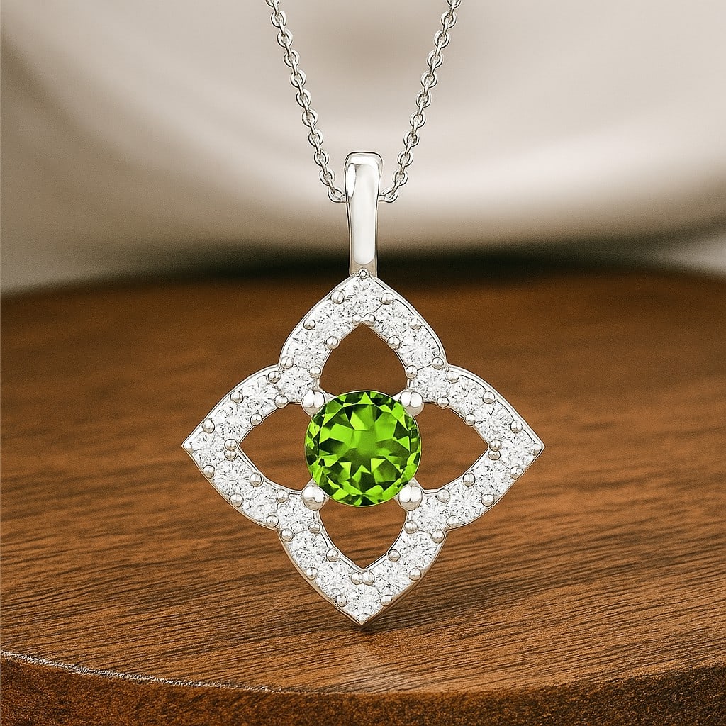 Natural Peridot & Diamond 92.5 Sterling Silver Pendant with Chain: Natural Peridot & Diamond 92.5 Sterling Silver Pendant with Chain Gemstone Shape : Round Gemstone Size : 3.3 MM Gemstone Quantity : 1 Piece Diamond Type : Lab Grown Diamond Shape : Round Diamon