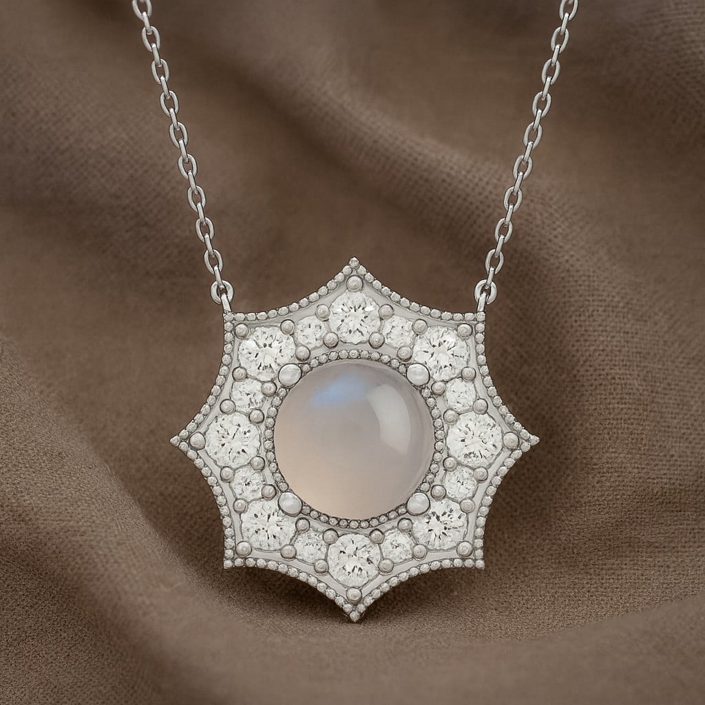 Natural Moonstone & Diamond 92.5 Sterling Silver Pendant with Chain: Natural Moonstone & Diamond 92.5 Sterling Silver Pendant with Chain Gemstone Shape : Round Gemstone Size : 5 MM Gemstone Quantity : 1 Piece Diamond Type : Lab Grown Diamond Shape : Round Diamon