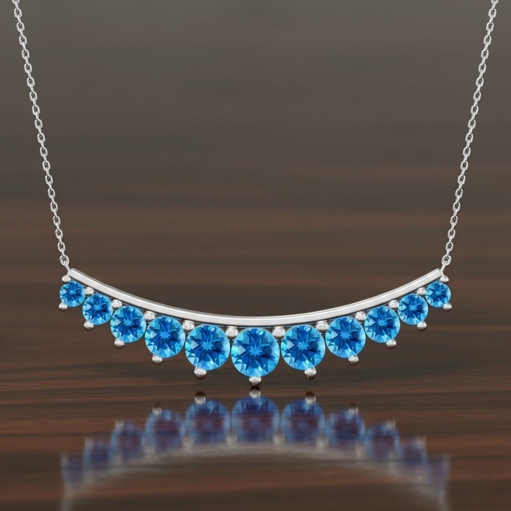 Natural Swiss Blue Topaz Gemstone 92.5 Sterling Silver Necklace: Natural Swiss Blue Topaz Gemstone 92.5 Sterling Silver Necklace Gemstone Shape : Round Gemstone Size : 2.2 - 4.2 MM Gemstone Quantity : 11 Pieces Metal : Silver Metal Purity : 92.5 Sterling Silver