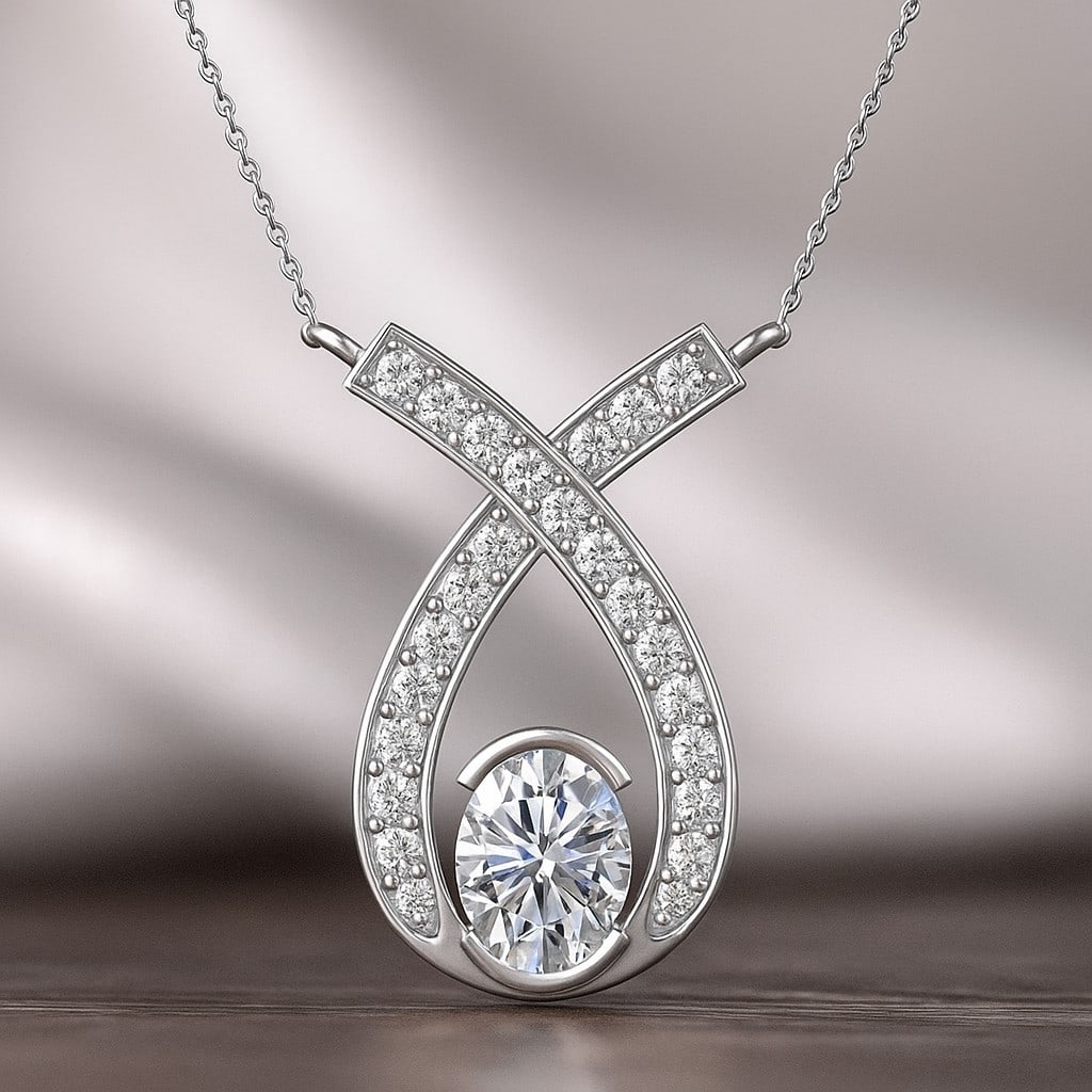 Lab Grown Diamond 92.5 Sterling Silver Pendant with Chain: Lab Grown Diamond 92.5 Sterling Silver Pendant with Chain Gemstone Shape : Oval Gemstone Size : 7x5 MM Gemstone Quantity : 1 Piece Diamond Type : Lab Grown Diamond Shape : Round Diamond Color :