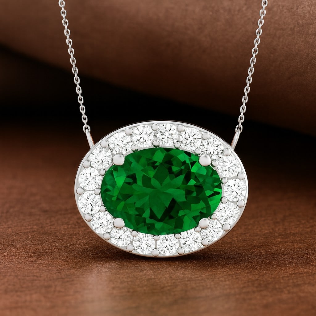 Lab Grown Emerald & Diamond 92.5 Sterling Silver Pendant with Chain: Lab Grown Emerald & Diamond 92.5 Sterling Silver Pendant with Chain Gemstone Shape : Oval Gemstone Size : 7x5 MM Gemstone Quantity : 1 Piece Diamond Type : Lab Grown Diamond Shape : Round Diamo