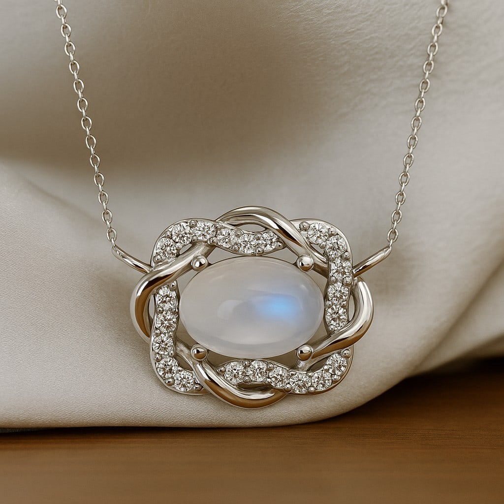 Natural Moonstone & Diamond 92.5 Sterling Silver Necklace (1 of 7)