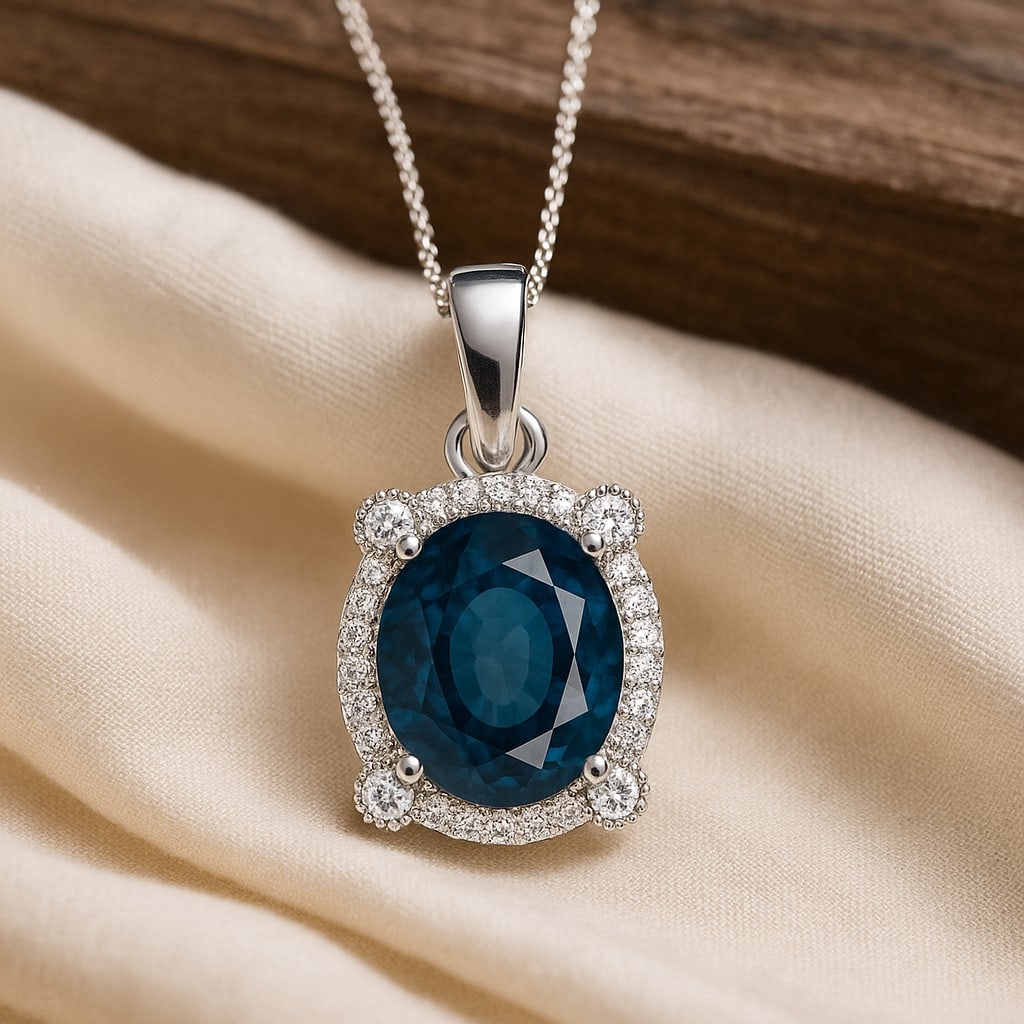 Natural London Blue Topaz & Diamond 92.5 Sterling Silver Pendant with Chain: Natural London Blue Topaz & Diamond 92.5 Sterling Silver Pendant with Chain Gemstone Shape : Oval Gemstone Size : 10x8 MM Gemstone Quantity : 2 Pieces Diamond Type : Lab Grown Diamond Shape : Round