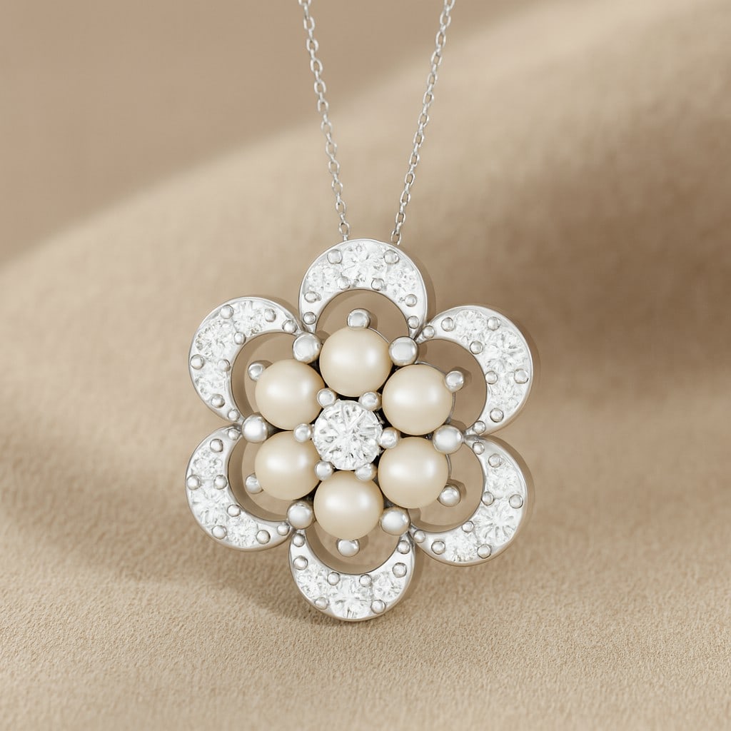 Natural Pearl & Diamond 92.5 Sterling Silver Pendant with Chain: Natural Pearl & Diamond 92.5 Sterling Silver Pendant with Chain Gemstone Shape : Round Gemstone Size : 2.5 MM Gemstone Quantity : 6 Pieces Diamond Type : Lab Grown Diamond Shape : Round Diamond