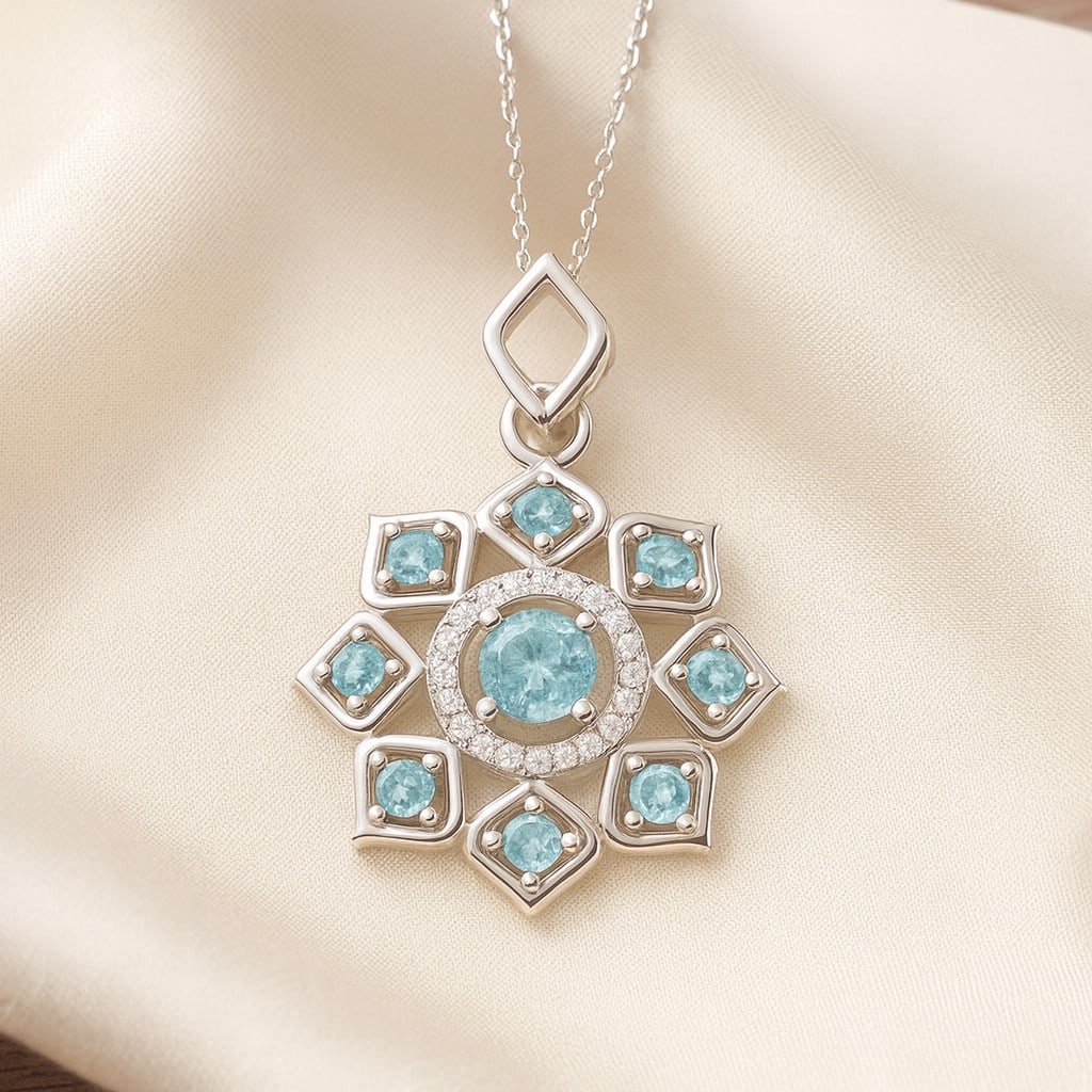 Natural Aquamarine & Diamond 92.5 Sterling Silver Pendant with Chain: Natural Aquamarine & Diamond 92.5 Sterling Silver Pendant with Chain Gemstone Shape : Round Gemstone Size : 4 MM, 2 MM Gemstone Quantity : 9 Pieces Diamond Type : Lab Grown Diamond Shape : Round