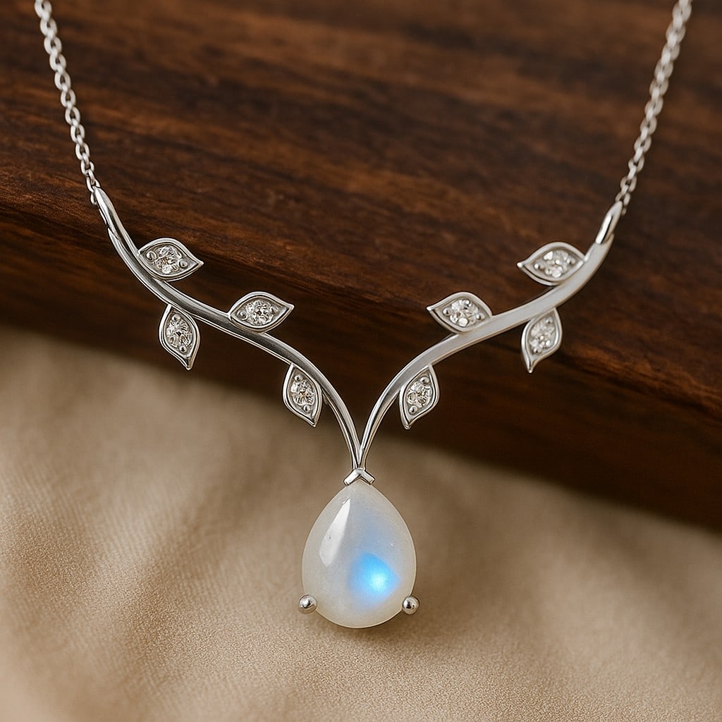 Natural Moonstone & Diamond 92.5 Sterling Silver Necklace (1 of 7)