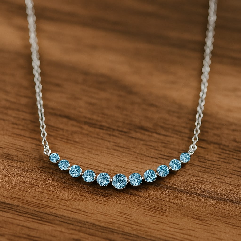 Natural Aquamarine Gemstone 92.5 Sterling Silver Necklace: Natural Aquamarine Gemstone 92.5 Sterling Silver Necklace Gemstone Shape : Round Gemstone Size : 3.5 - 6 MM Gemstone Quantity : 11 Pieces Metal : Silver Metal Purity : 92.5 Sterling Silver Pend