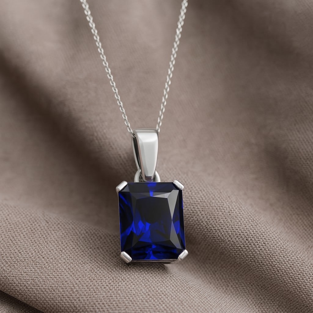 Natural Blue Sapphire Gemstone 92.5 Sterling Silver Pendant with Chain: Natural Blue Sapphire Gemstone 92.5 Sterling Silver Pendant with Chain Gemstone Shape : Emerald Gemstone Size : 9x7 MM Gemstone Quantity : 1 Piece Metal : Silver Metal Purity : 92.5 Sterling Silver