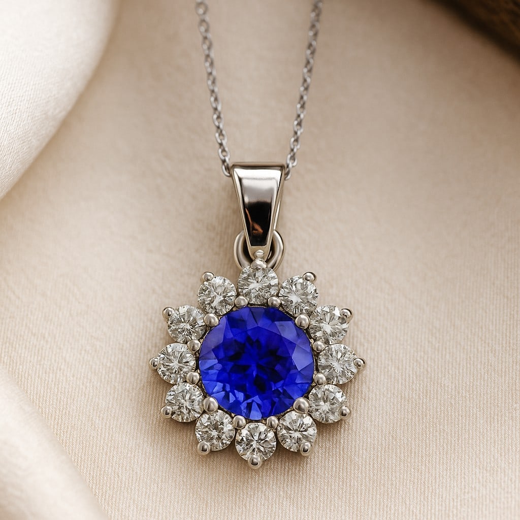 Natural Blue Sapphire & Diamond 92.5 Sterling Silver Pendant with Chain: Natural Blue Sapphire & Diamond 92.5 Sterling Silver Pendant with Chain Gemstone Shape : Round Gemstone Size : 7 MM Gemstone Quantity : 1 Piece Diamond Type : Lab Grown Diamond Shape : Round Di