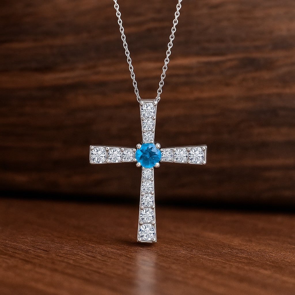Natural Swiss Blue Topaz & Diamond 92.5 Sterling Silver Pendant with Chain: Natural Swiss Blue Topaz & Diamond 92.5 Sterling Silver Pendant with Chain Gemstone Shape : Round Gemstone Size : 3 MM Gemstone Quantity : 1 Piece Diamond Type : Lab Grown Diamond Shape : Round
