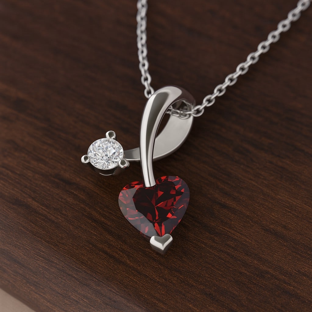 Natural Garnet & Diamond 92.5 Sterling Silver Pendant with Chain: Natural Garnet & Diamond 92.5 Sterling Silver Pendant with Chain Gemstone Shape : Heart Gemstone Size : 4 MM Gemstone Quantity : 1 Piece Diamond Type : Lab Grown Diamond Shape : Round Diamond C