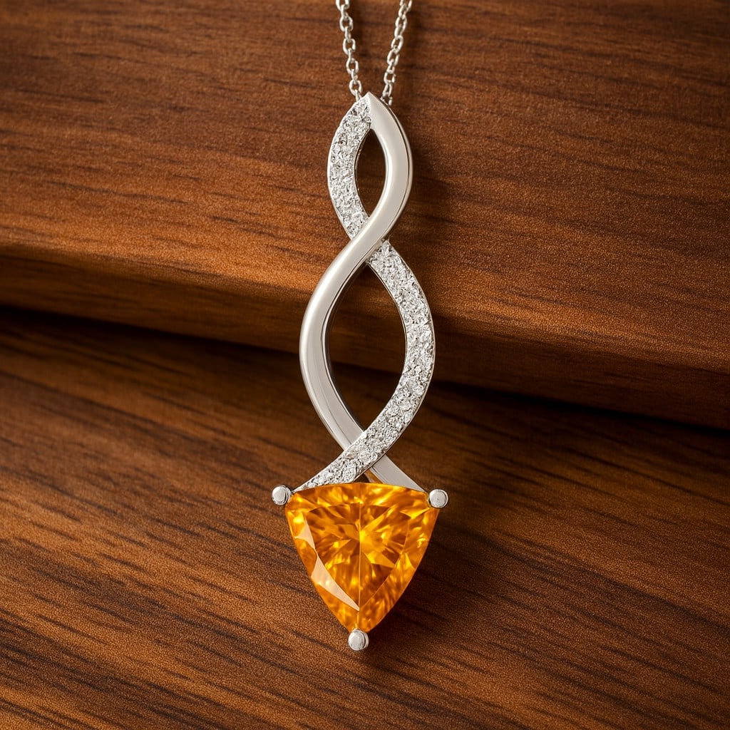 Natural Citrine & Diamond 92.5 Sterling Silver Pendant with Chain: Natural Citrine & Diamond 92.5 Sterling Silver Pendant with Chain Gemstone Shape : Trillion Curved Gemstone Size : 7 MM Gemstone Quantity : 1 Piece Diamond Type : Lab Grown Diamond Shape : Round