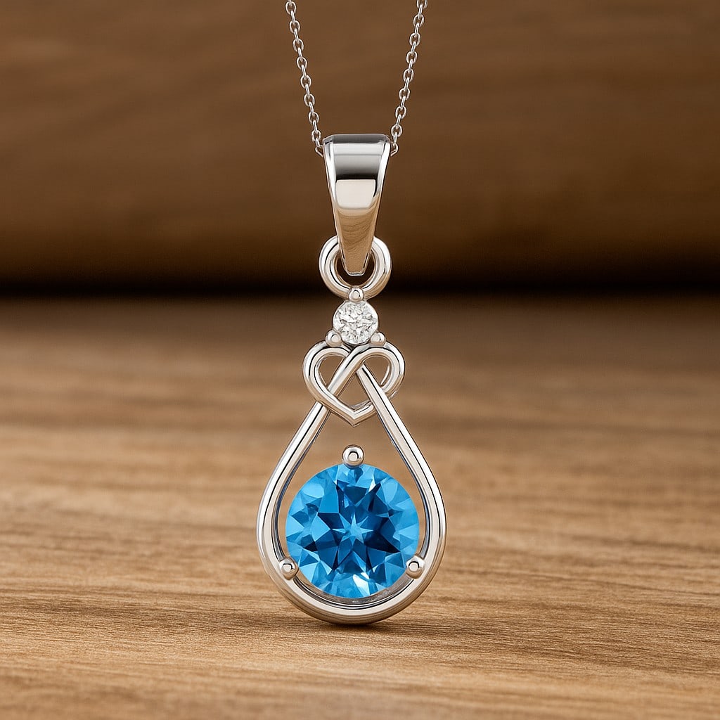 Natural Swiss Blue Topaz & Diamond 92.5 Sterling Silver Pendant with Chain: Natural Swiss Blue Topaz & Diamond 92.5 Sterling Silver Pendant with Chain Gemstone Shape : Round Gemstone Size : 6 MM Gemstone Quantity : 1 Piece Diamond Type : Lab Grown Diamond Shape : Round