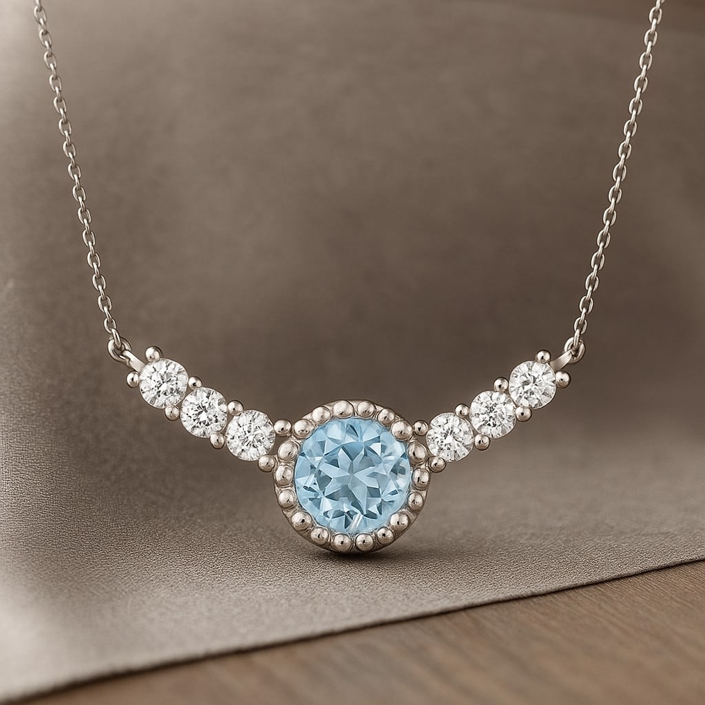 Natural Aquamarine & Diamond 92.5 Sterling Silver Necklace: Natural Aquamarine & Diamond 92.5 Sterling Silver Necklace Gemstone Shape : Round Gemstone Size : 3.5 MM Gemstone Quantity : 1 Piece Diamond Type : Lab Grown Diamond Shape : Round Diamond Color