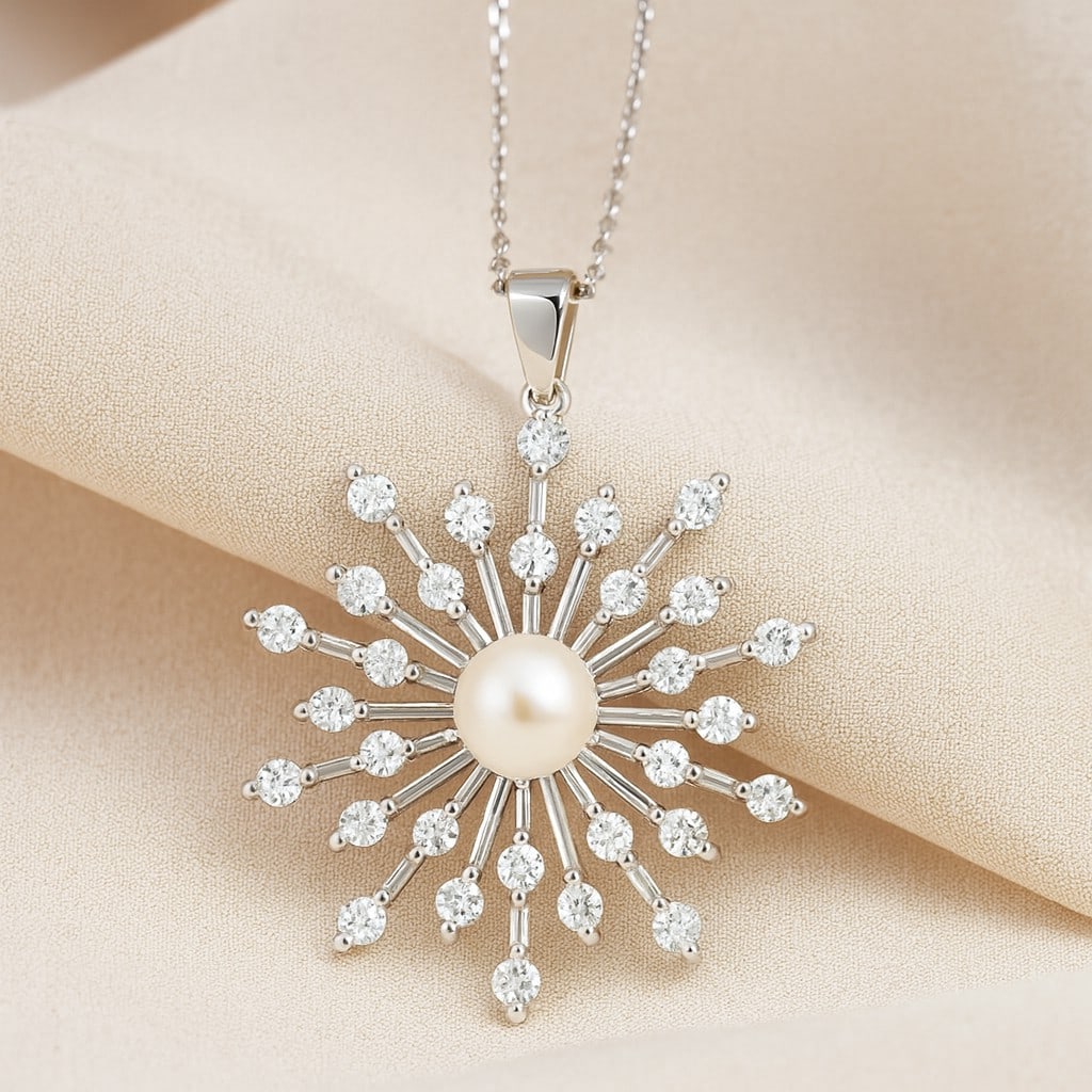 Natural Pearl & Diamond 92.5 Sterling Silver Pendant with Chain (1 of 7)