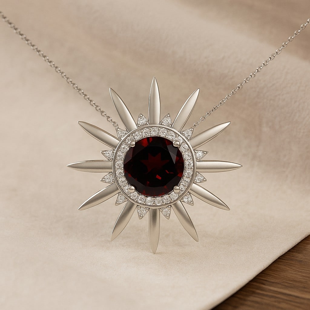 Natural Garnet & Diamond 92.5 Sterling Silver Pendant with Chain: Natural Garnet & Diamond 92.5 Sterling Silver Pendant with Chain Gemstone Shape : Round Gemstone Size : 8 MM Gemstone Quantity : 1 Piece Diamond Type : Lab Grown Diamond Shape : Round Diamond C