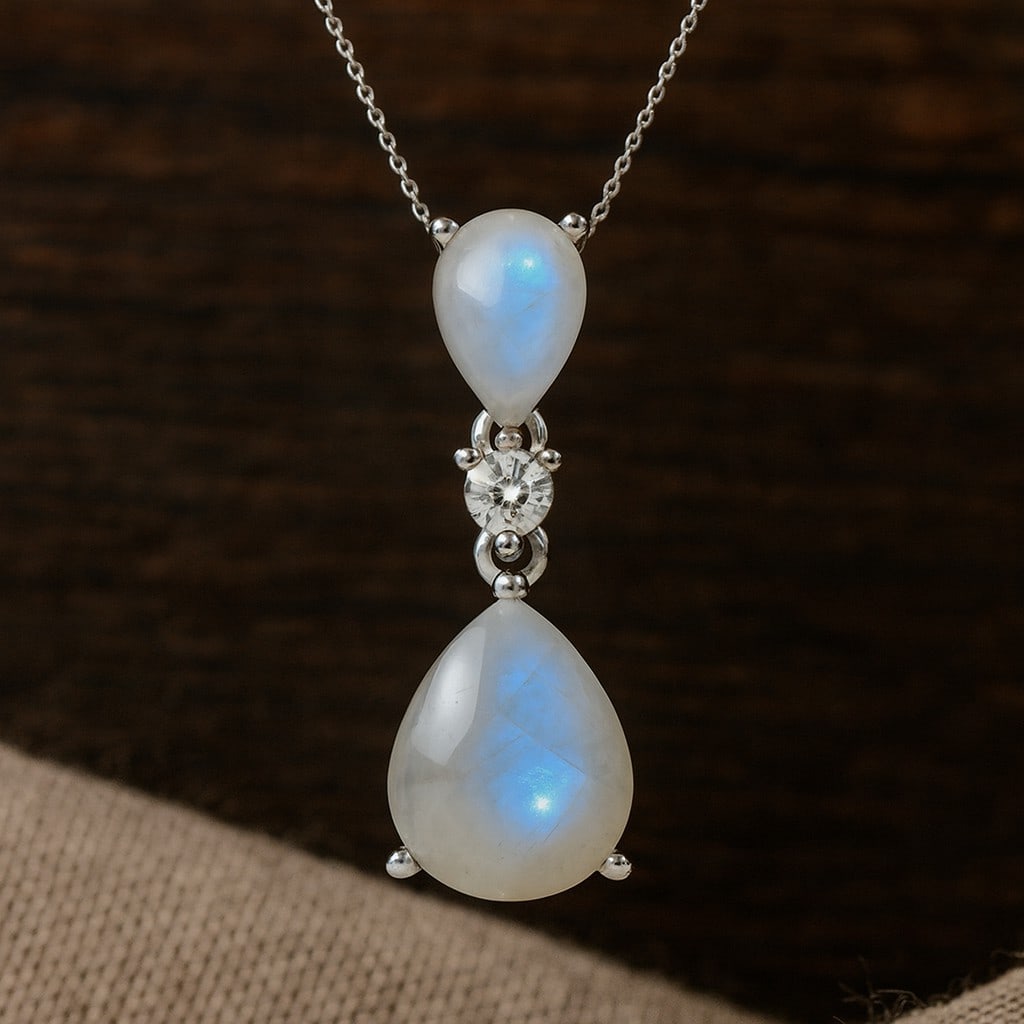 Natural Moonstone & Diamond 92.5 Sterling Silver Pendant with Chain: Natural Moonstone & Diamond 92.5 Sterling Silver Pendant with Chain Gemstone Shape : Pear Gemstone Size : 10x8 MM, 7x5 MM Gemstone Quantity : 2 Pieces Diamond Type : Lab Grown Diamond Shape : Round