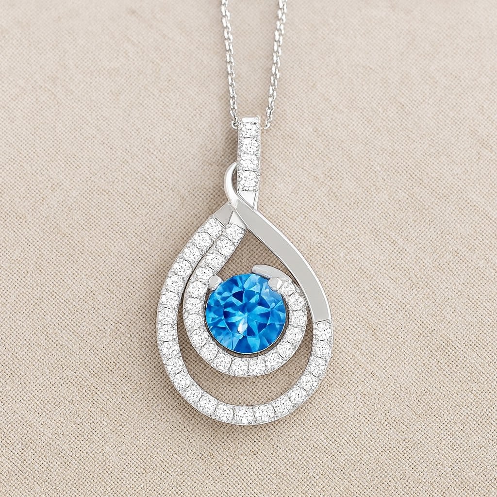 Natural Swiss Blue Topaz & Diamond 92.5 Sterling Silver Pendant with Chain: Natural Swiss Blue Topaz & Diamond 92.5 Sterling Silver Pendant with Chain Gemstone Shape : Round Gemstone Size : 5 MM Gemstone Quantity : 1 Piece Diamond Type : Lab Grown Diamond Shape : Round