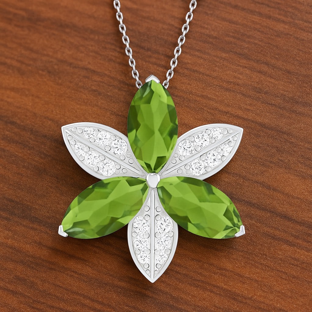 Natural Peridot & Diamond 92.5 Sterling Silver Pendant with Chain: Natural Peridot & Diamond 92.5 Sterling Silver Pendant with Chain Gemstone Shape : Marquise Gemstone Size : 12x6 MM Gemstone Quantity : 3 Pieces Diamond Type : Lab Grown Diamond Shape : Round D