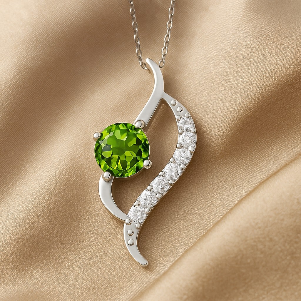 Natural Peridot & Diamond 92.5 Sterling Silver Pendant with Chain: Natural Peridot & Diamond 92.5 Sterling Silver Pendant with Chain Gemstone Shape : Round Gemstone Size : 6 MM Gemstone Quantity : 1 Piece Diamond Type : Lab Grown Diamond Shape : Round Diamond