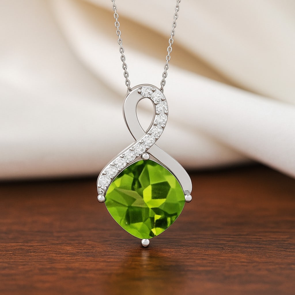 Natural Peridot & Diamond 92.5 Sterling Silver Pendant with Chain: Natural Peridot & Diamond 92.5 Sterling Silver Pendant with Chain Gemstone Shape : Cushion Square Gemstone Size : 8 MM Gemstone Quantity : 1 Piece Diamond Type : Lab Grown Diamond Shape : Round