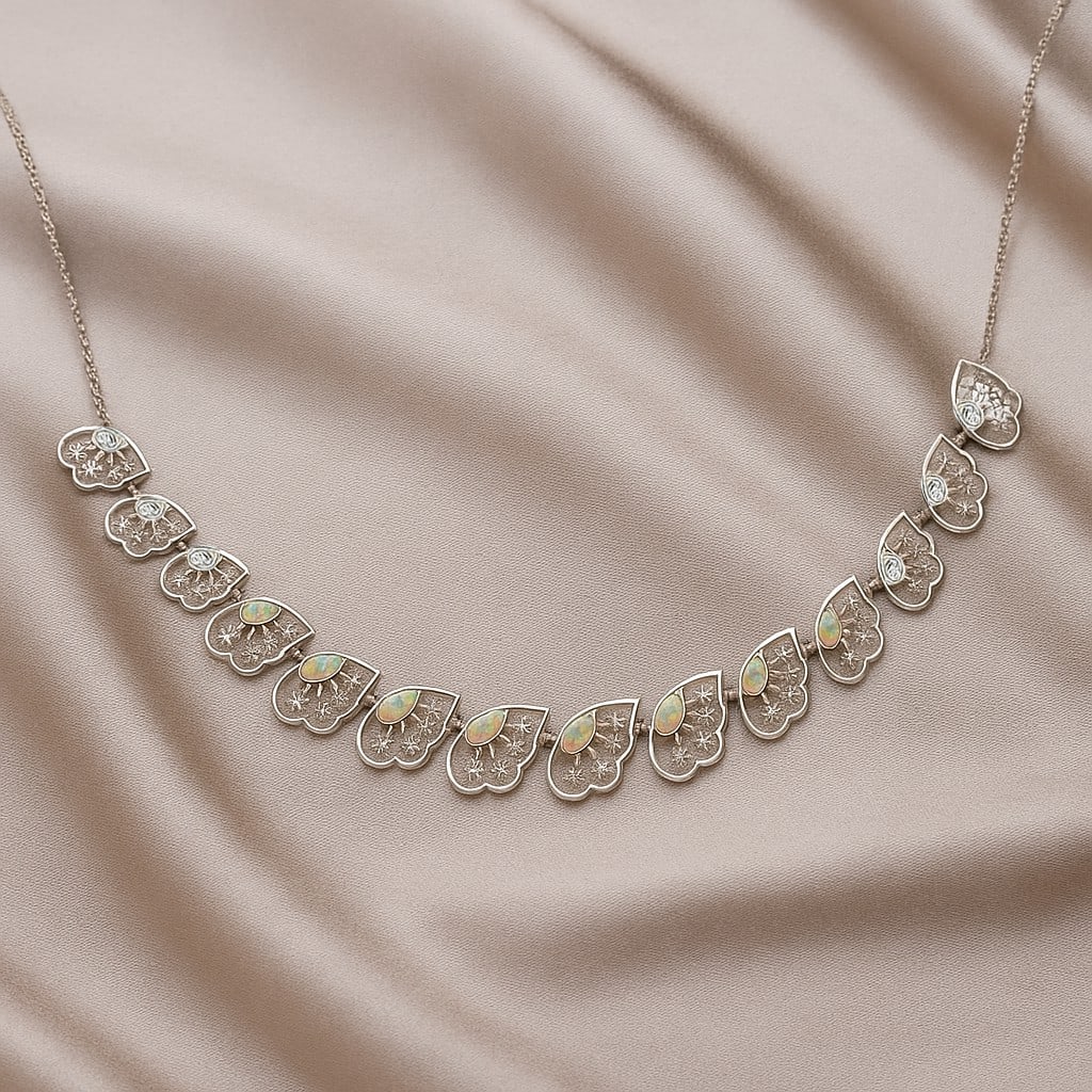 Natural Opal & Diamond 92.5 Sterling Silver Necklace: Natural Opal & Diamond 92.5 Sterling Silver Necklace Gemstone Shape : Pear Gemstone Size : 6x4 MM Gemstone Quantity : 1 Piece Diamond Type : Lab Grown Diamond Shape : Round Diamond Color : D