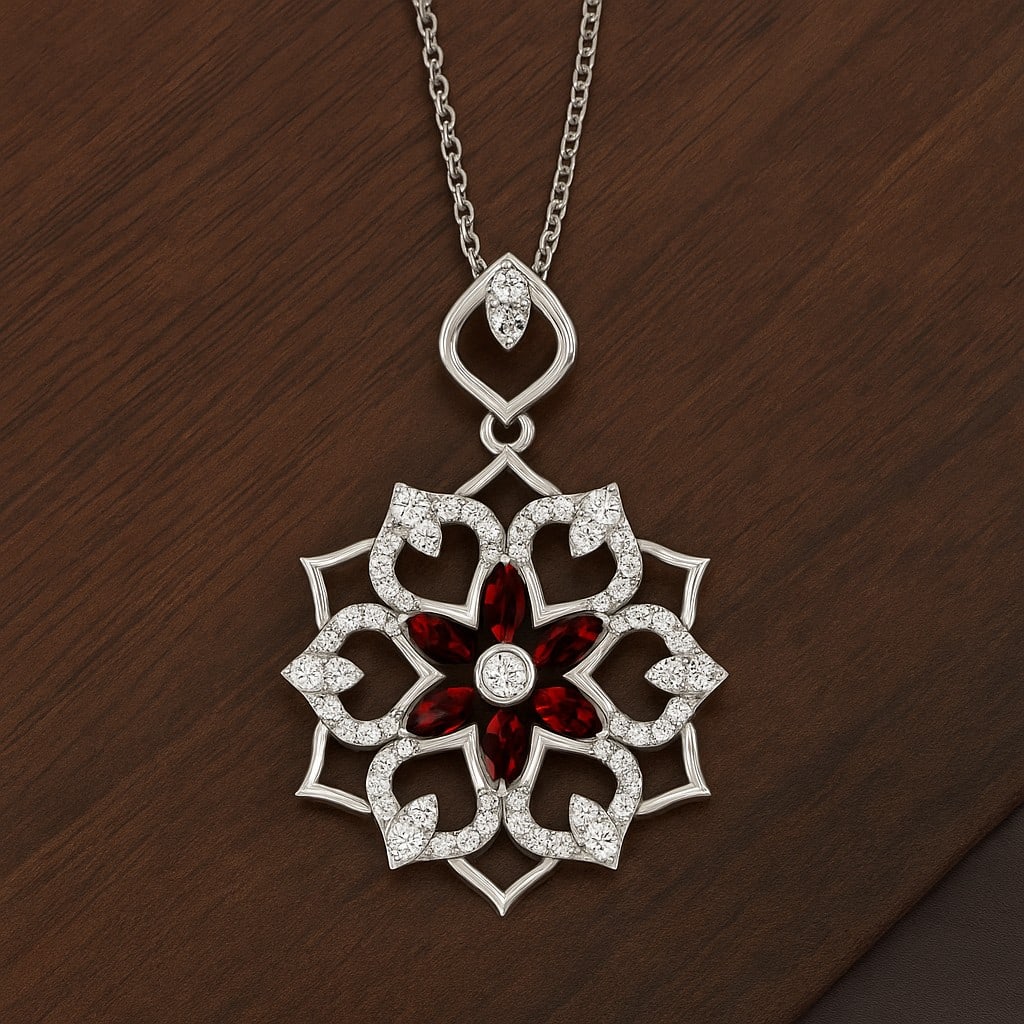 Natural Garnet & Diamond 92.5 Sterling Silver Pendant with Chain: Natural Garnet & Diamond 92.5 Sterling Silver Pendant with Chain Gemstone Shape : Marquise Gemstone Size : 6 MM Gemstone Quantity : 6 Pieces Diamond Type : Lab Grown Diamond Shape : Round Diamo