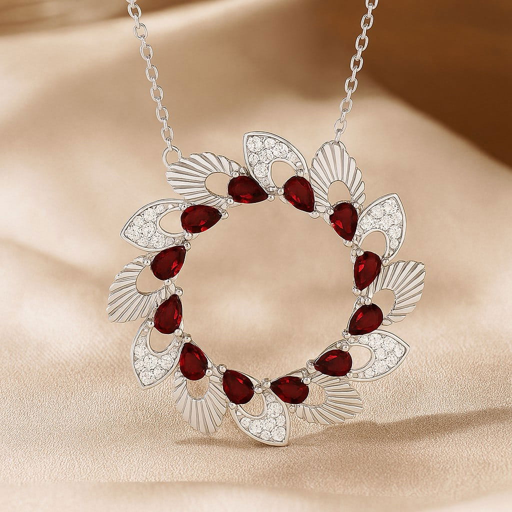 Natural Ruby & Diamond 92.5 Sterling Silver Pendant with Chain: Natural Ruby & Diamond 92.5 Sterling Silver Pendant with Chain Gemstone Shape : Pear Gemstone Size : 3x2 MM Gemstone Quantity : 12 Pieces Diamond Type : Lab Grown Diamond Shape : Round Diamond