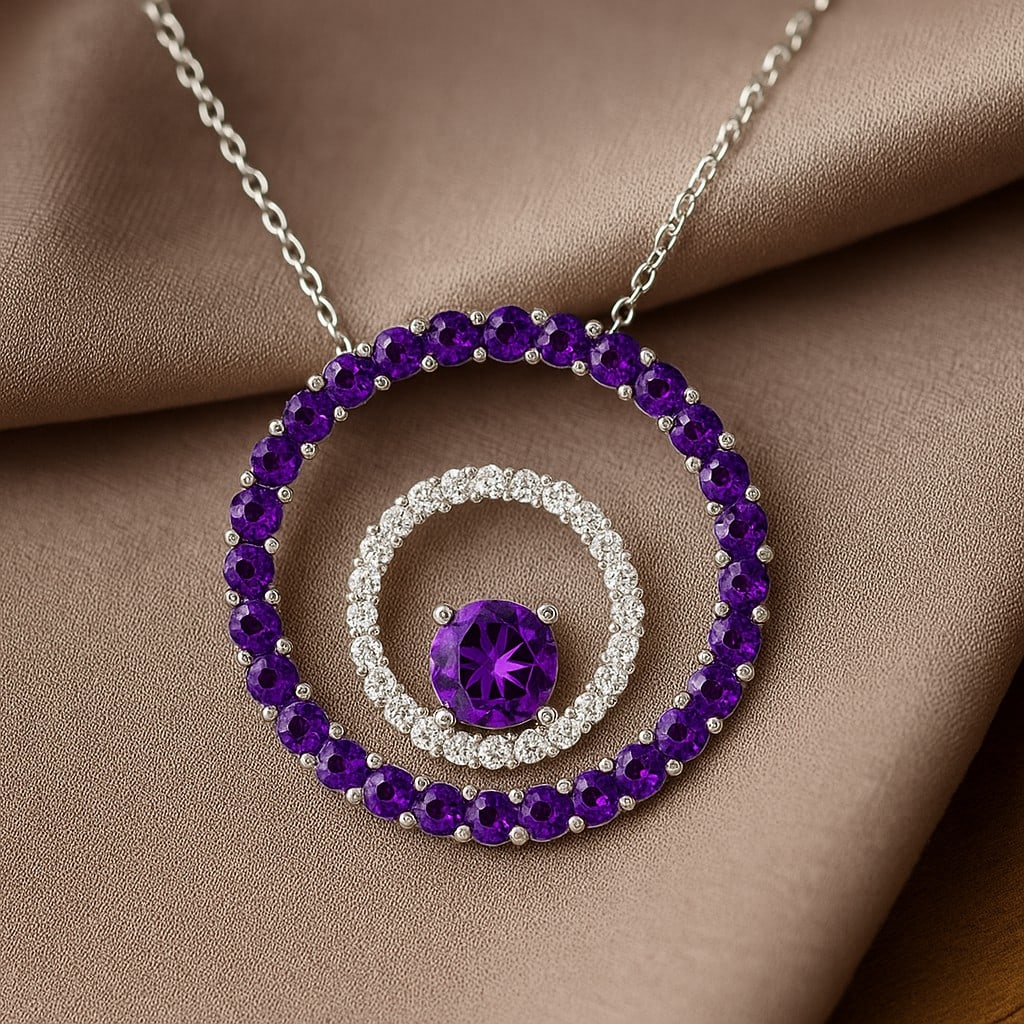 Natural Amethyst & Diamond 92.5 Sterling Silver Necklace: Natural Amethyst & Diamond 92.5 Sterling Silver Necklace Gemstone Shape : Round Gemstone Size : 5 MM, 2 MM Gemstone Quantity : 1 Piece, 28 Pieces Diamond Type : Lab Grown Diamond Shape : Round